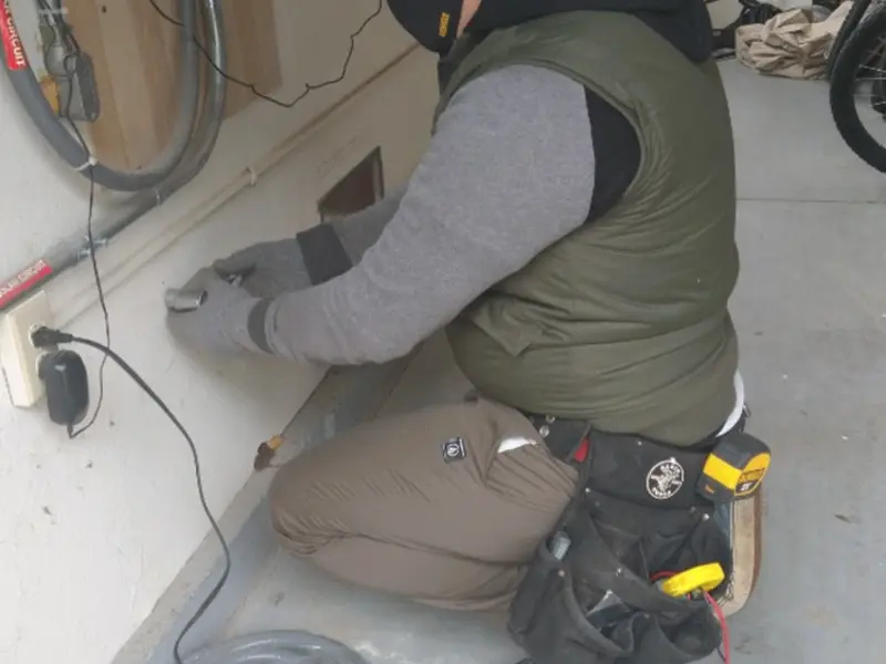 Electrician performing outlet wiring in a West Athens garage